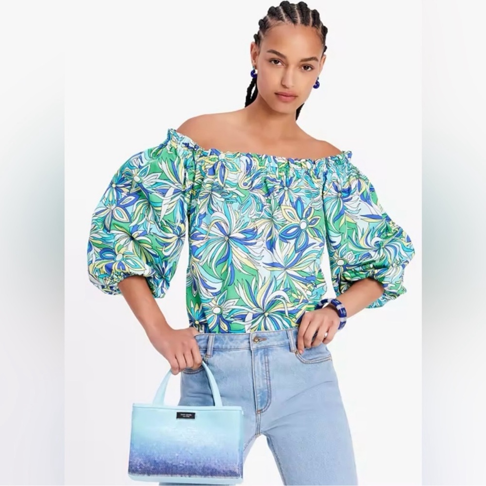 Kate Spade Blue, Green Off The Shoulder Floral Blouse | 3/4 Sleeve Size Medium